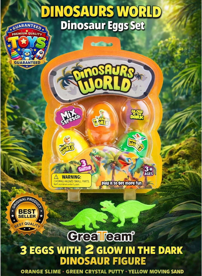 فريق عظيم مجموعة Greateam Dinosaurs World الحسية المكونة من 3 بيضات سلايم برتقالي قابل للتمدد عجينة كريستالية خضراء ورمل متحرك أصفر مع 2 مجسم ديناصور يضيئان في الظلام طقم سلايم مطاطي للأطفال 3+ سنوات لعبة حسية مستوحاة من عالم الديناصورات لعبة تعليمية آمنة معتمدة EN71 للأطفال أفضل هدية لرمضان - Image 1